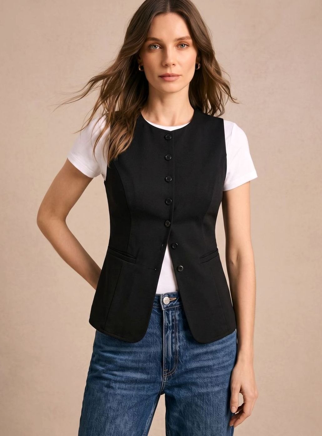 Stylischer Damen Bodywarmer, ärmellose Weste mit eleganter Knopfleiste, perfekt für Business Casual & Layering.