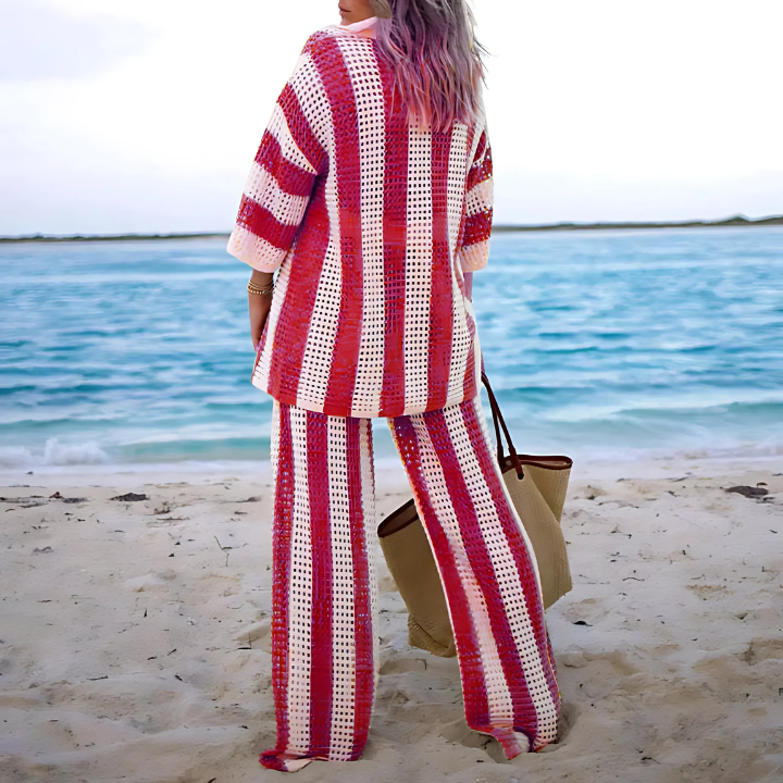 Stilvolles Damen Boho Strandset Salina mit Häkel-Look. Lockere Passform für maximalen Komfort im Sommer.