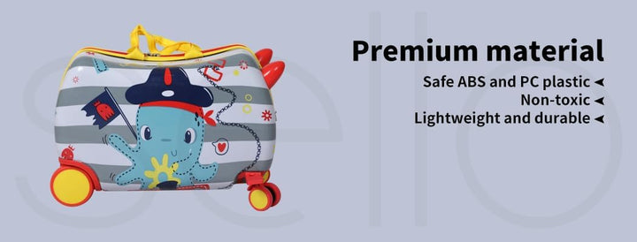 Mein Oktopus Kinderkoffer zum Aufsitzen, mit 360° Rollen, perfekt für die nächste Reise.