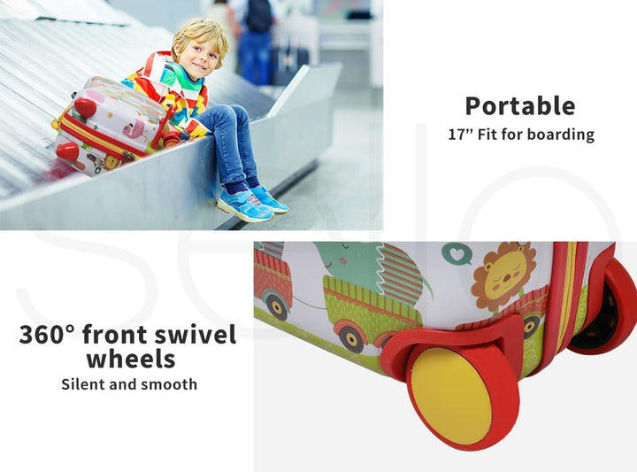 Blauer Kinderkoffer mit Oktopus Motiv, als Ride-On Gepäck für Flugreisen und Familienurlaub.