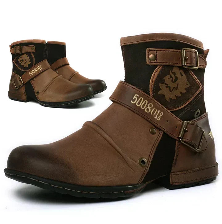 Brauner Herrenstiefel Elliot, Detailansicht der hochwertigen Verarbeitung. Retro-Look für Business & Freizeit.