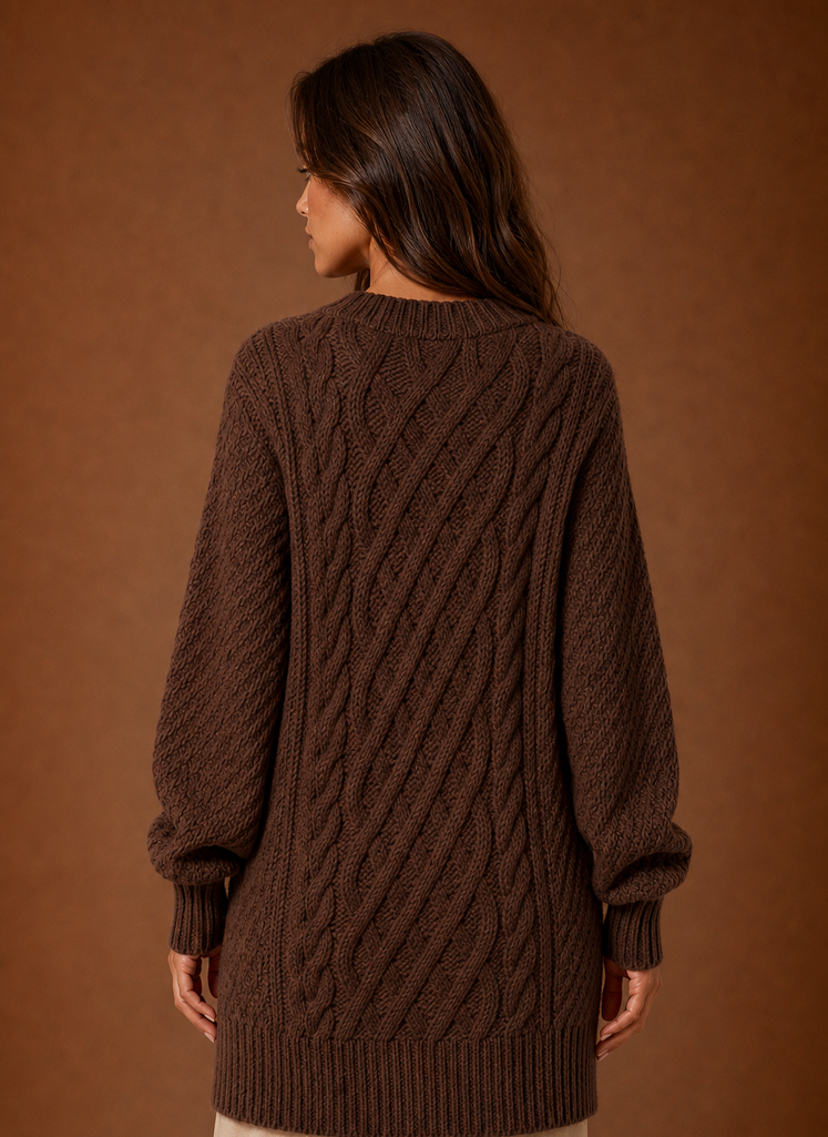 Trendiges Damen Strickkleid Oversized, Zopfmuster, perfekt für stylische Herbst-Outfits.