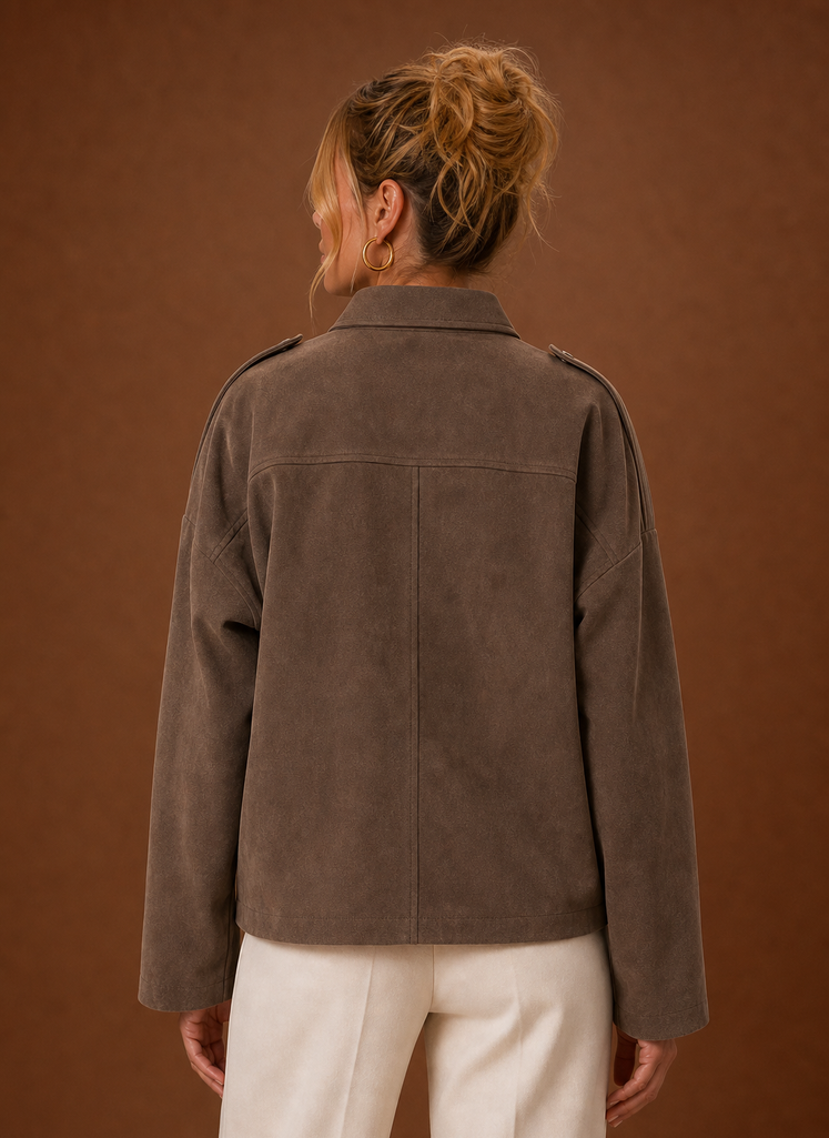 Damen Boxy Fit Jacke für den Lagenlook, perfekt über T-Shirts oder Pullover getragen.