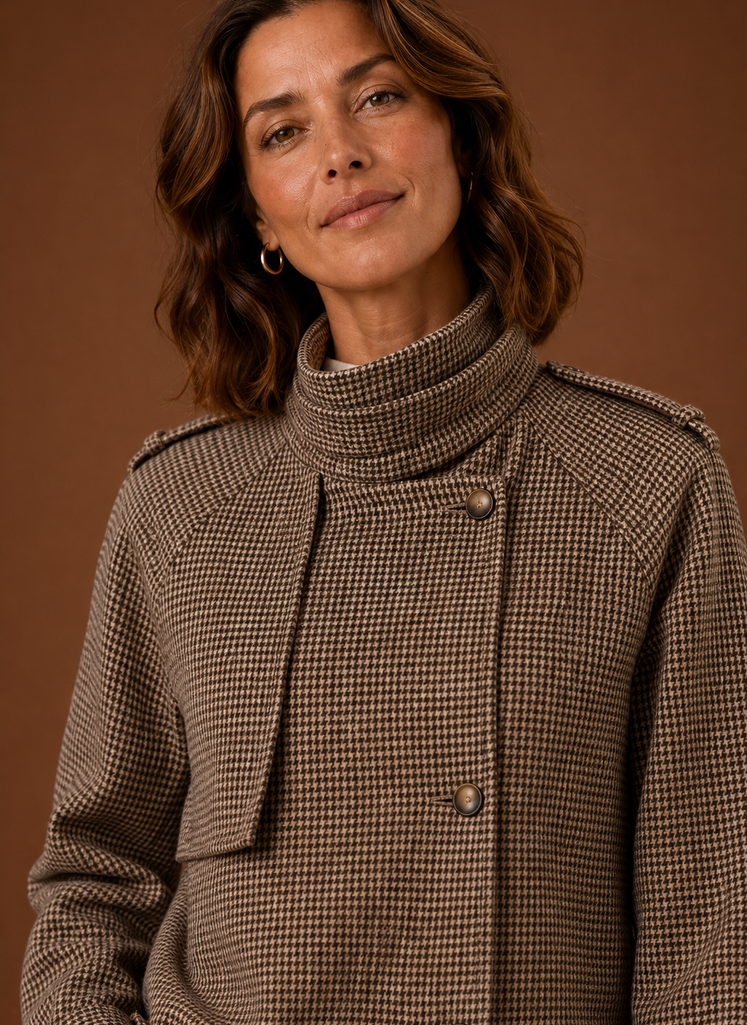 Damen Karojacke Braun, modische Übergangsjacke mit Stehkragen. Perfekt für Herbstmode.