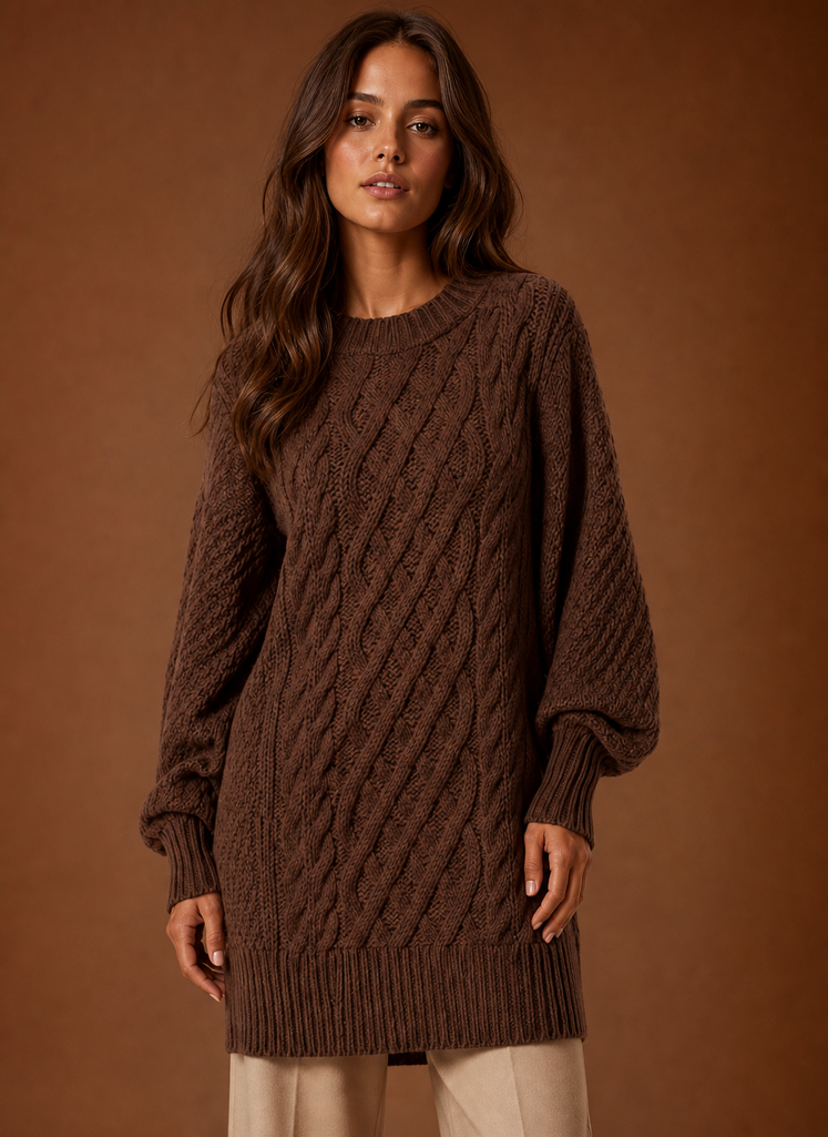 Stilvolles Damen Minikleid mit Zopfmuster, Oversized-Passform & Rundhals-Ausschnitt.