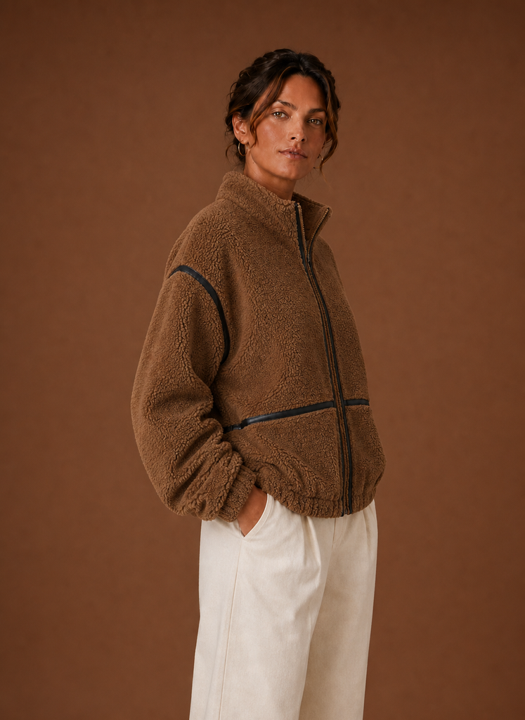Schwarze Damen Sherpa-Jacke mit Reißverschluss, warme und bequeme Oberbekleidung für Damen.