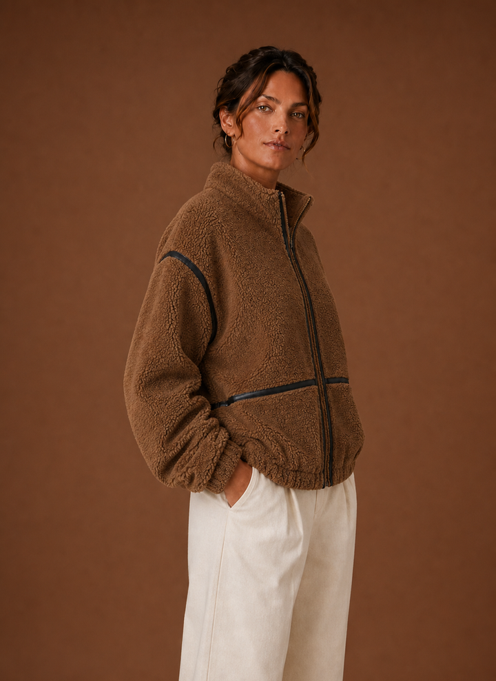 Schwarze Damen Sherpa-Jacke mit Reißverschluss, warme und bequeme Oberbekleidung für Damen.