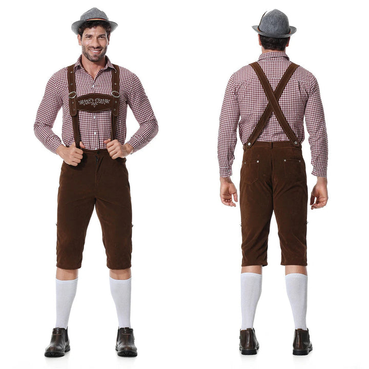 Herren Trachten-Set mit bestickter Lederhose, weißem Trachtenhemd & edler Krawatte. Ideales Männer Outfit für Festtage.