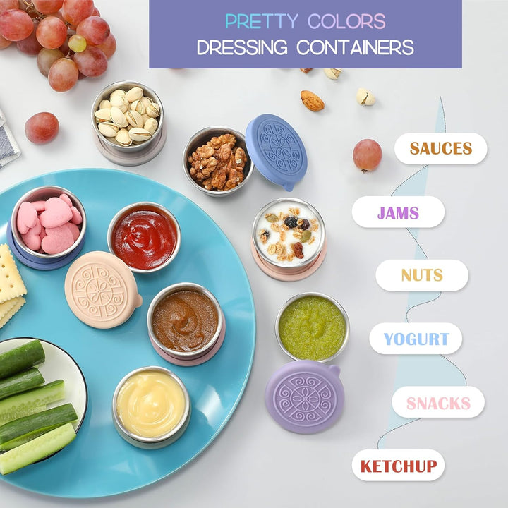 Vielseitige auslaufsichere Saucenbecher aus Edelstahl (6er-Set) für Dressings, Saucen & Snacks für unterwegs.