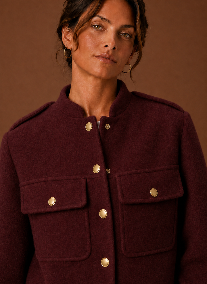 Bordeauxfarbene Damen Kurzjacke mit Knopfleiste, schick & elegant. Perfekt für Herbst- & Wintermode.
