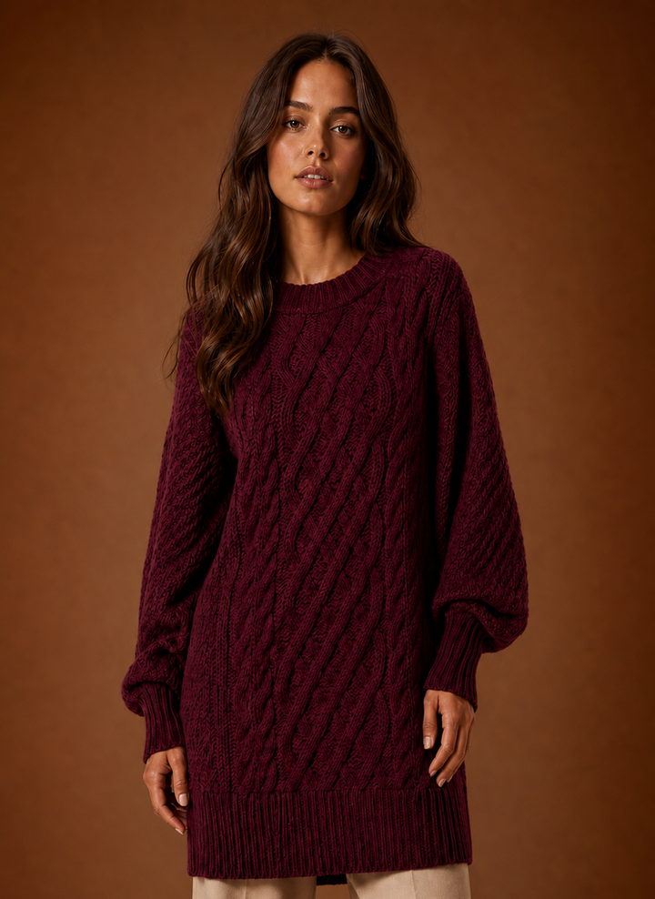 Modisches Damen Zopfmuster-Strickkleid, knielang, perfekt für kühle Herbsttage.