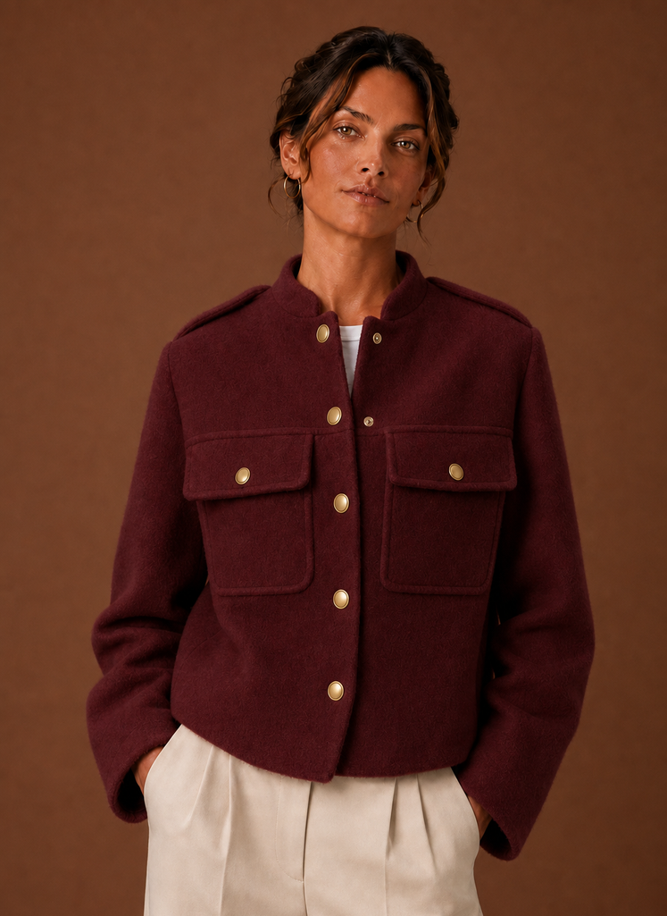 Elegante apricotfarbene Damen Kurzjacke mit Knopfleiste. Perfekte Herbstmode für modische Outfits.