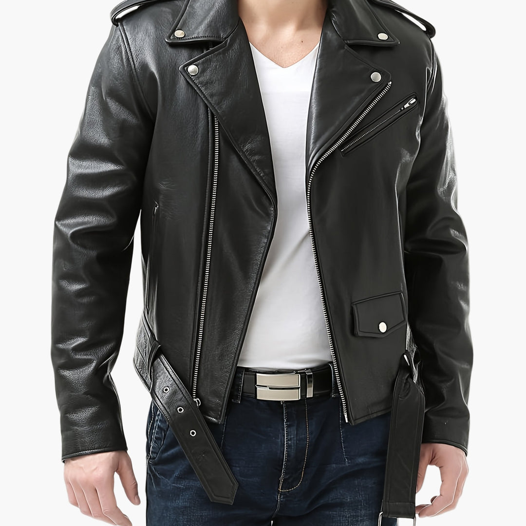 Schwarze Herren Motorradjacke im Vintage-Biker-Stil, SlimFit Passform, ideal für Outdoor & urbanen Look.