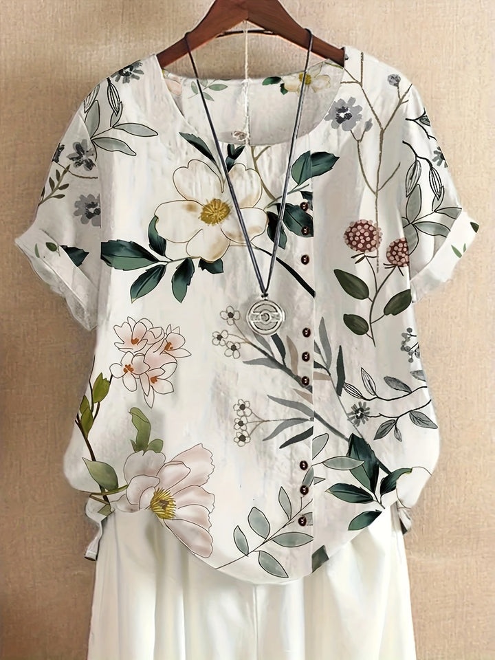 Vintage Damen Sommerbluse mit Blumenmuster, Knopfleiste und Rundhalsausschnitt für Freizeit-Looks.