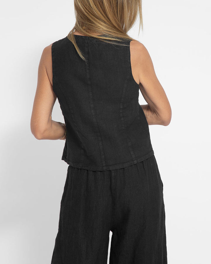 Chic & bequem: Damen Leinen Zweiteiler mit moderner Weste und weitem Hosenbein.