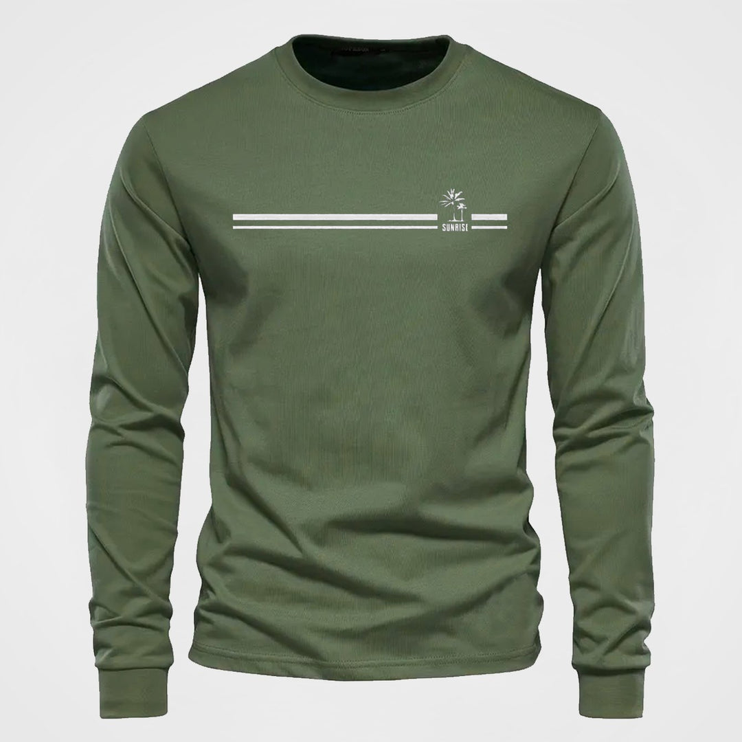 Modernes Herren T-Shirt, langärmlig, mit Palmenmuster und Rundhalsausschnitt.