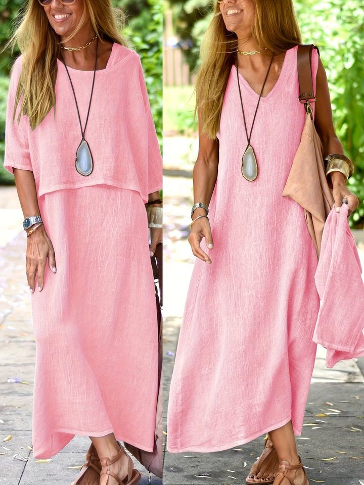 Modisches Damen Maxikleid Set im Boho-Stil. Luftiger Zweiteiler, ideal für warme Sommertage.