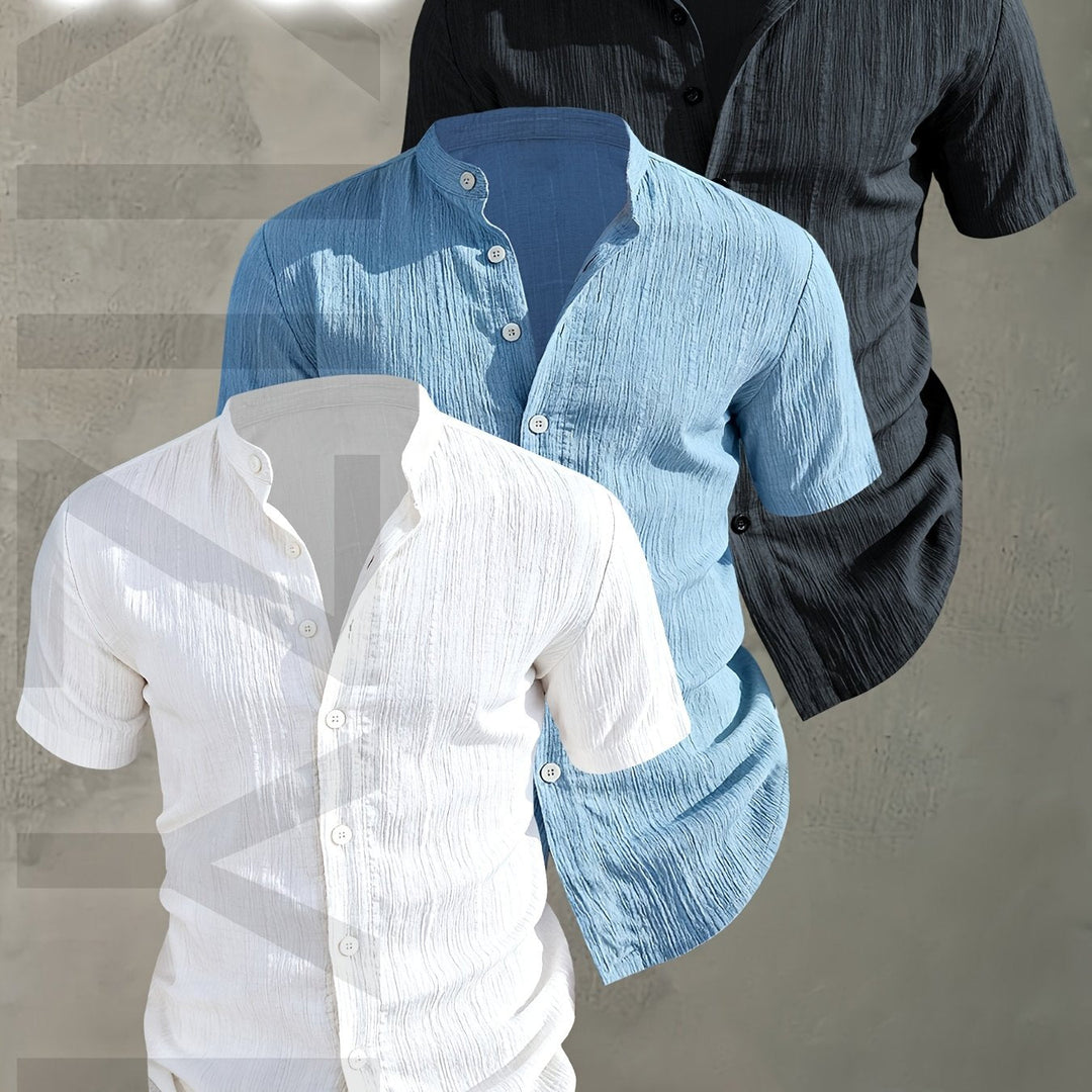Vielseitiger 3er-Pack Herren Kurzarmhemden mit Stehkragen für moderne Männer.