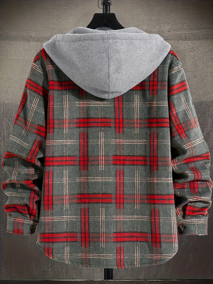 Stilvolle karierte Herren Hemdjacke mit Kapuze. Modische Langarm-Jacke, perfekt für den Lagenlook im Herbst.