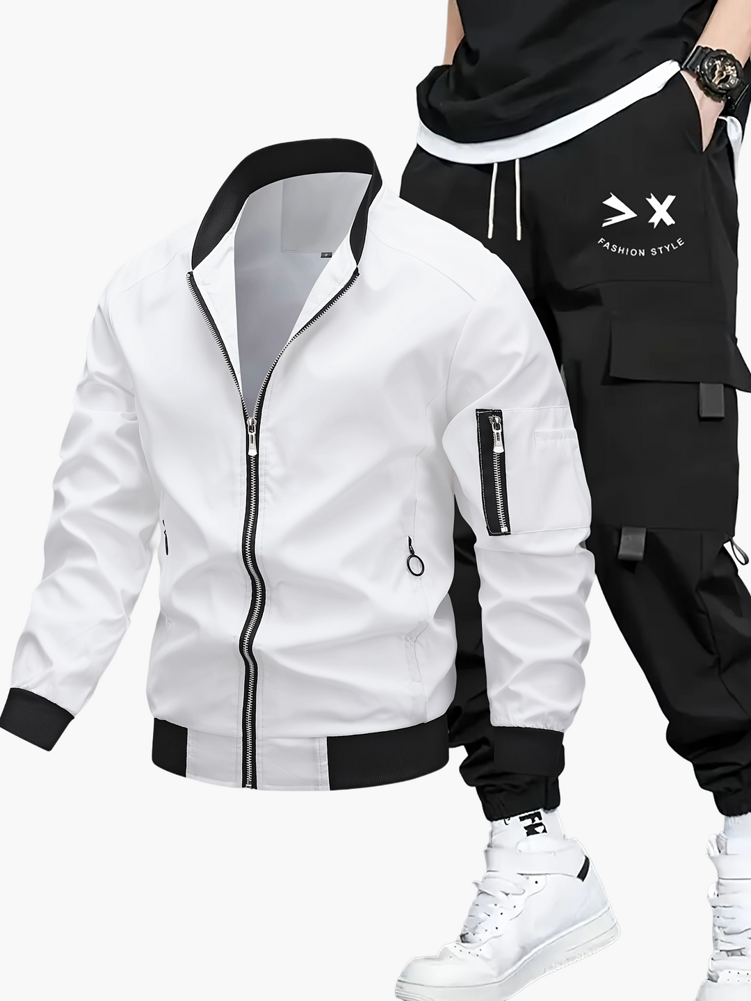 Stylische Herren Bomberjacke aus dem Streetwear Set, ideal für urbanen Look. Reißverschluss, Bündchen, Männer Mode.