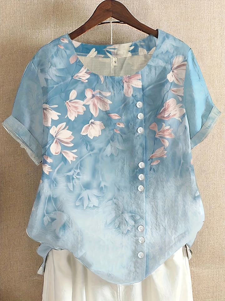 Leichte Damen Sommerbluse im Vintage-Stil mit Blumenprint und Knopfleiste für hohen Komfort.