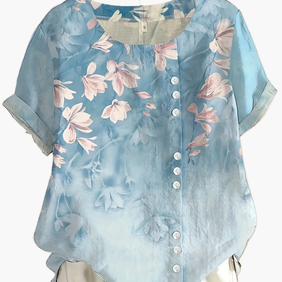 Elegantes Freizeit-Oberteil: Vintage Damenbluse mit Blumenmuster, Rundhals & praktischer Knopfleiste.