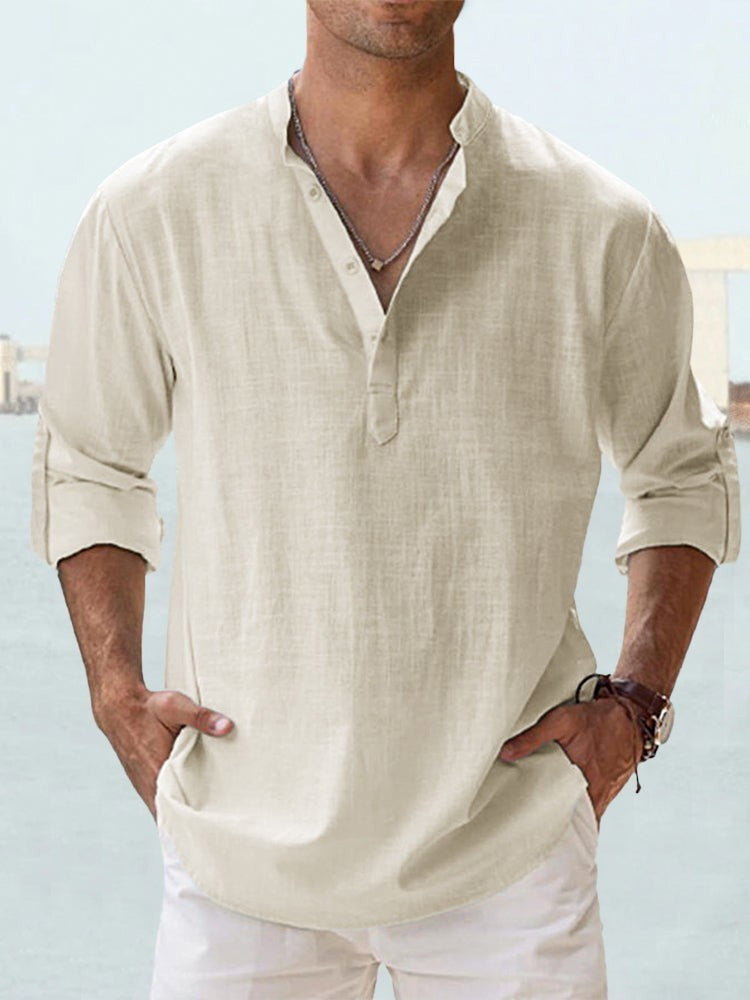 Modisches Herren Henley-Hemd, Langarm, mit Stehkragen, eine lässige Wahl für den Frühling.