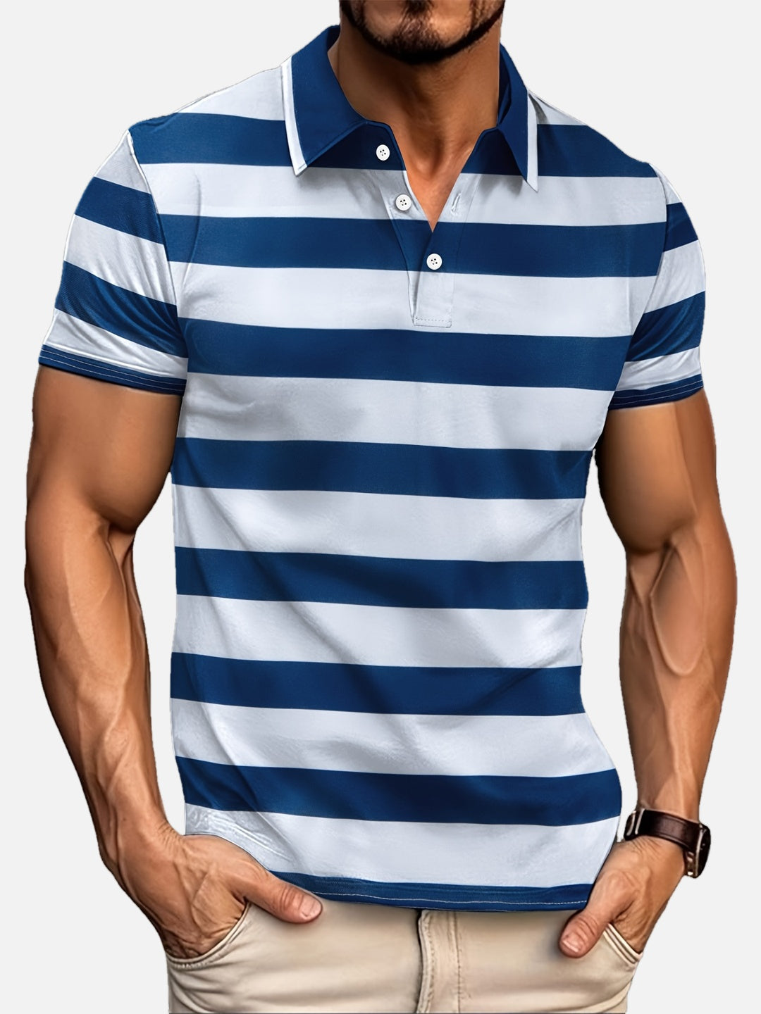 Modernes Herren Poloshirt mit elegantem Streifen-Design, ideal für Freizeit & Business-Casual im Sommer.