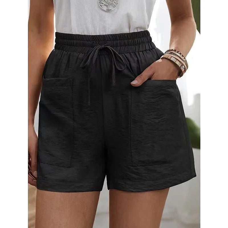 Kurze Damen High Waist Shorts, sehr komfortabel und elastisch, ideal für warme Sommertage.