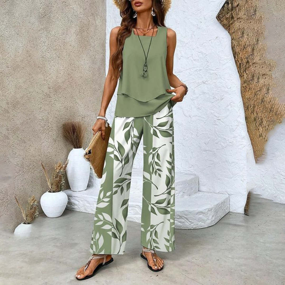 Damen Zweiteiler Set mit Blätterdruck. Ärmelloses Top und weite Hose für Sommer, Urlaub & Freizeit.