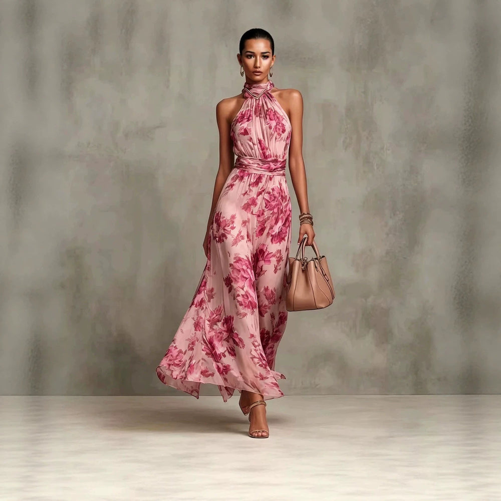 Elegantes, fließendes Damen Neckholder-Maxikleid mit lebhaftem Print, ärmellos, ideal für Sommerabende.