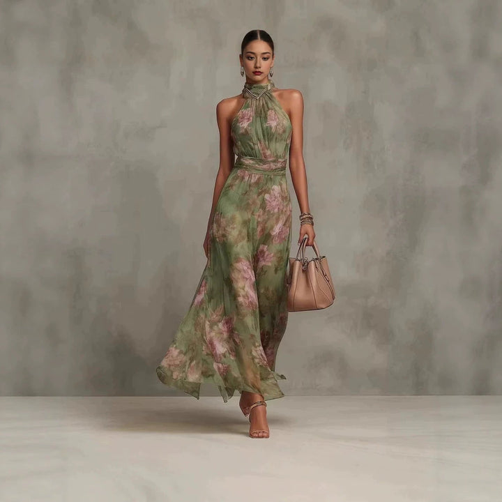 Damen Maxikleid mit Neckholder, hohem Bund und farbenfrohem Print, ärmellos, perfekt für Sommer & Urlaub.