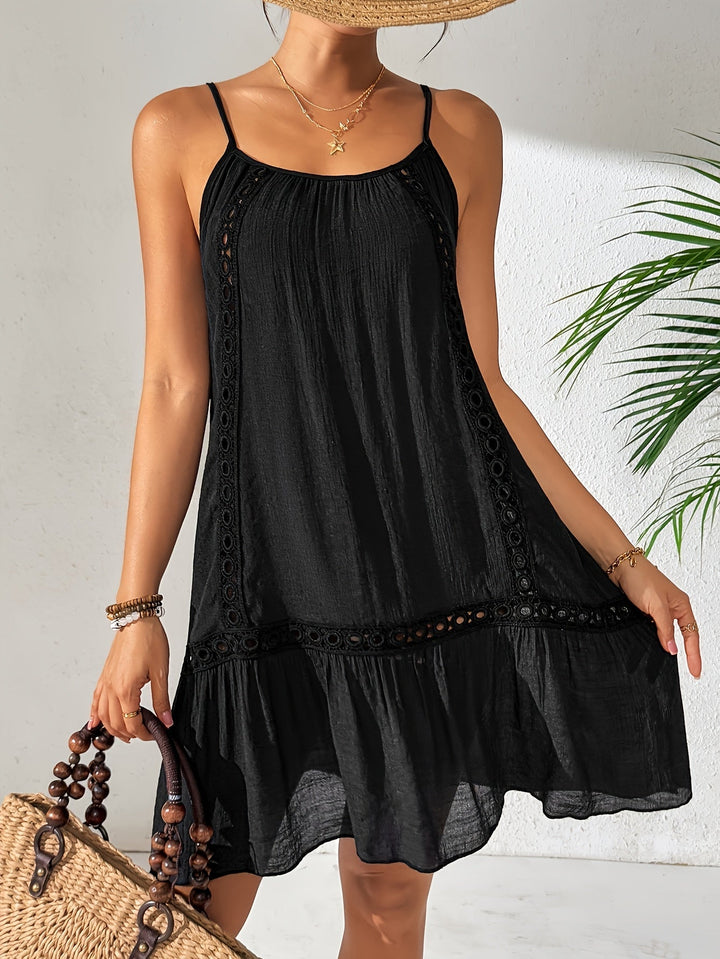 Damen Sommer Strandkleid in Schwarz mit Spaghettiträgern, locker und bequem für den Urlaub.