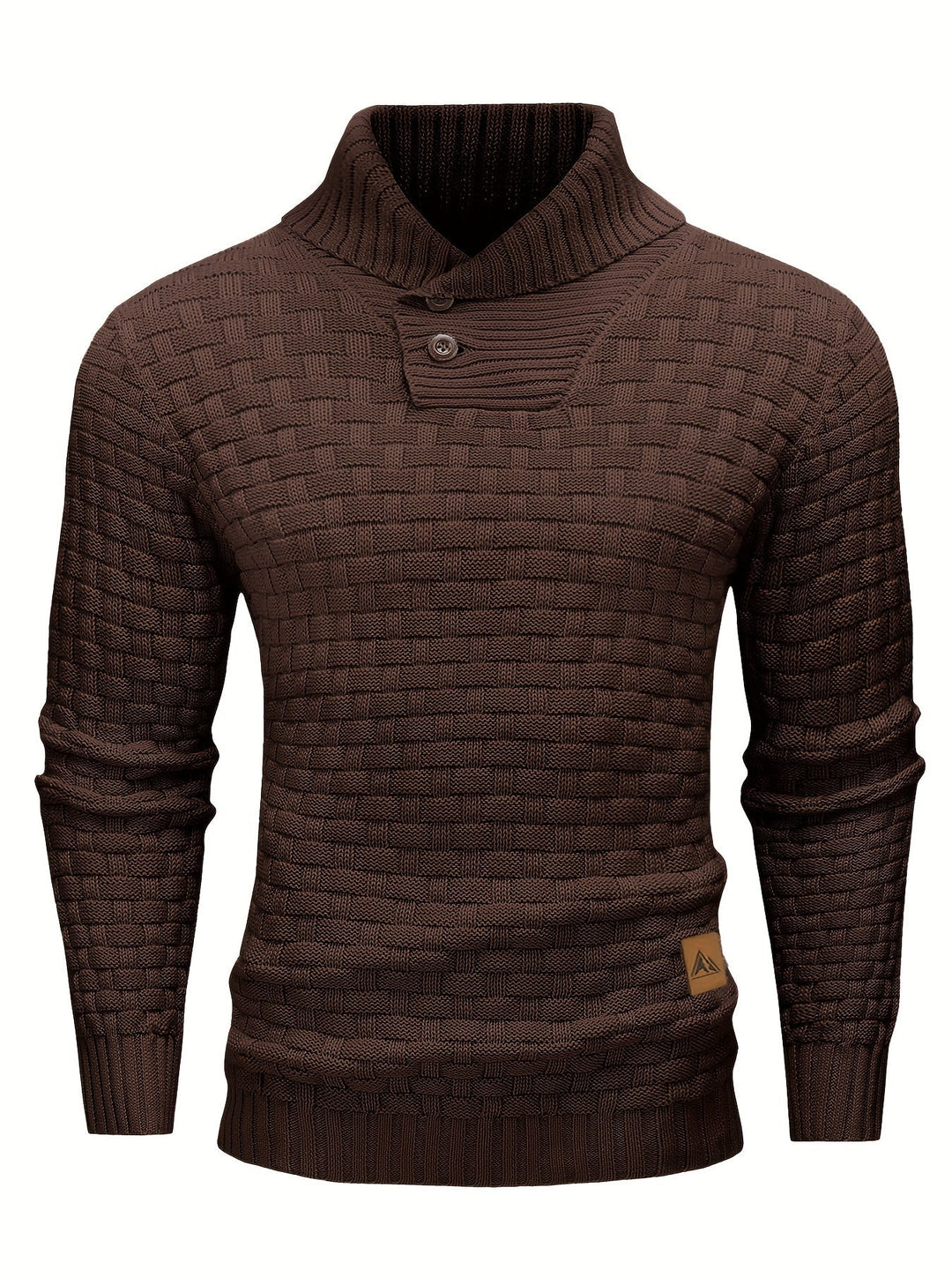Mann präsentiert Herren Winterpullover mit Waffelstruktur und Schalkragen, stilvoll.