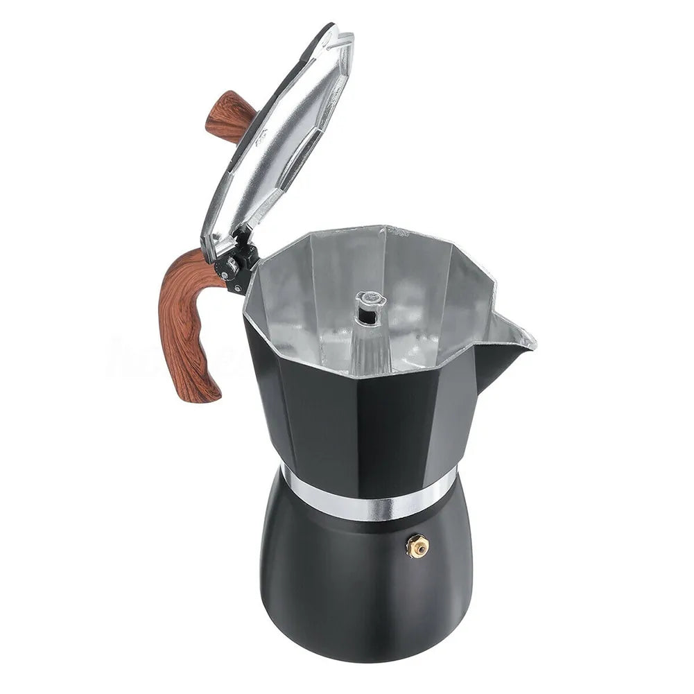 Glänzender Aluminium Perkolator mit ergonomischem Griff, für traditionellen Espresso.