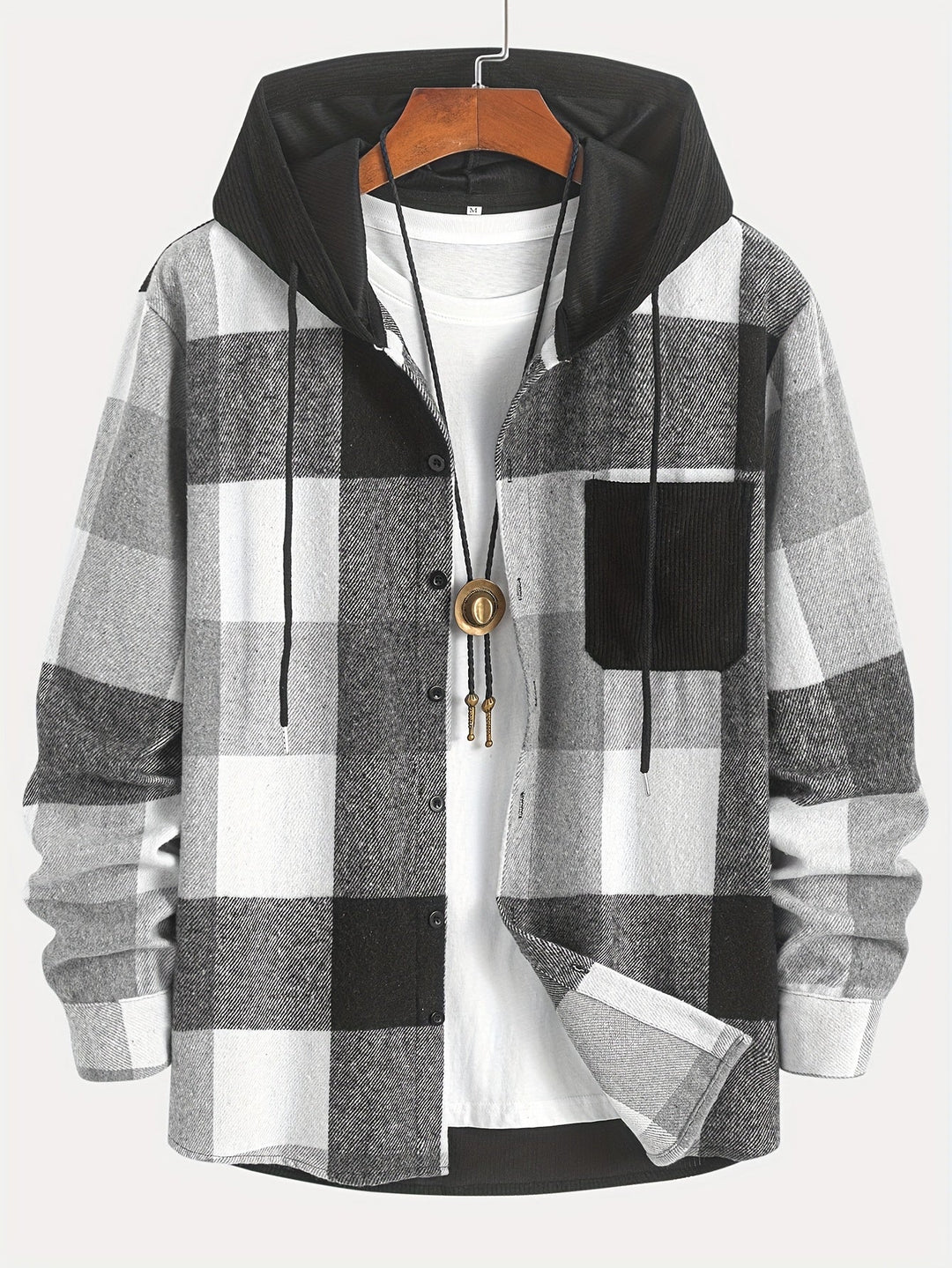 Stylische Holzfäller Hemdjacke für Herren, kariert, mit Kapuze & Brusttasche, Langarm.