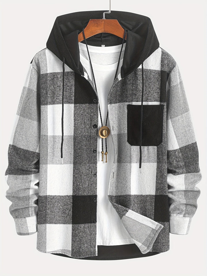 Stylische Holzfäller Hemdjacke für Herren, kariert, mit Kapuze & Brusttasche, Langarm.