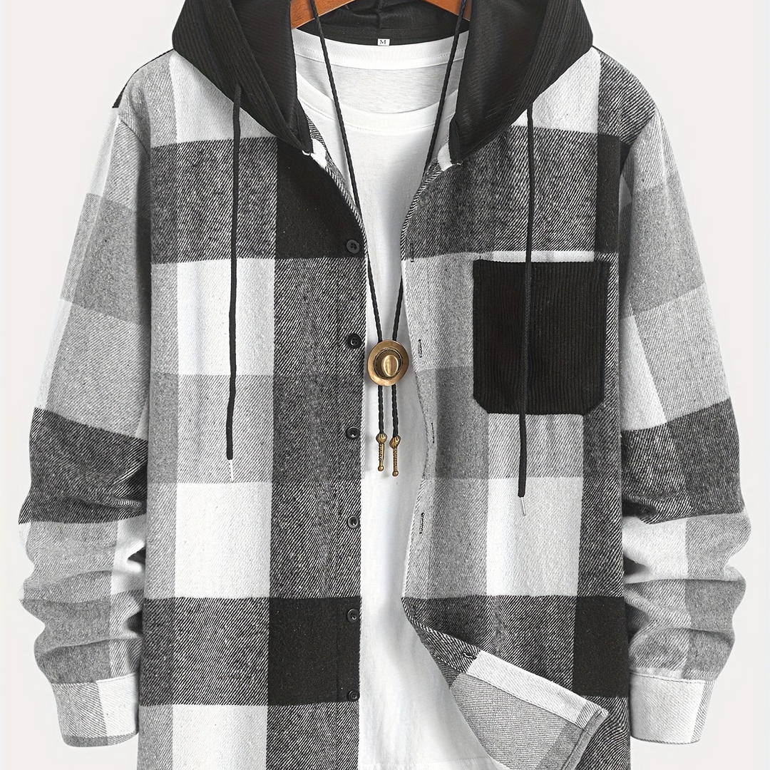 Karierte Herren Hemdjacke mit Kapuze & Brusttasche, ideal als wärmende Zwischenschicht.