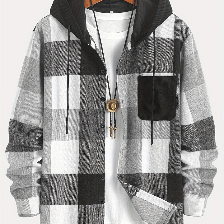 Karierte Herren Hemdjacke mit Kapuze & Brusttasche, ideal als wärmende Zwischenschicht.