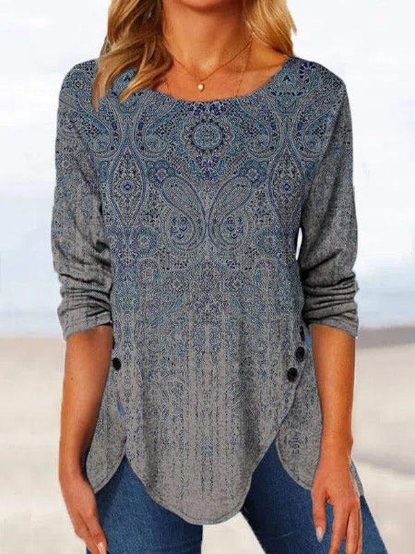 Komfortable Damen Tunikabluse mit ansprechendem Printmuster in Blau & Grau, Langarmdesign, perfekt für Freizeitlooks.