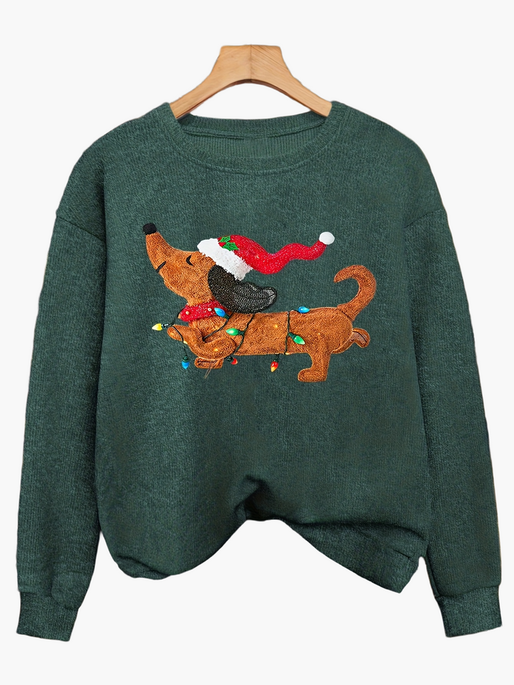 Gemütlicher Damen Winterpullover mit lustigem Dackel-Print. Rundhals-Strickpullover für festliche Weihnachtsmode.