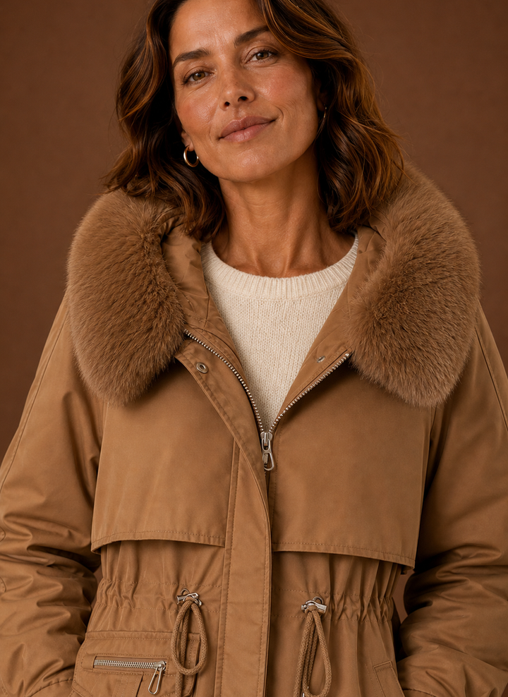 Vorderansicht des Damen Parkas mit Reißverschluss, Knöpfen & voluminöser Kunstfellkapuze. Outdoorjacke.