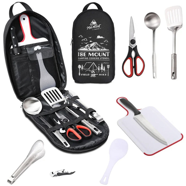 Tragbares 9-teiliges Outdoor Kochset aus Edelstahl; ideal für Camping, Wandern & Picknick.