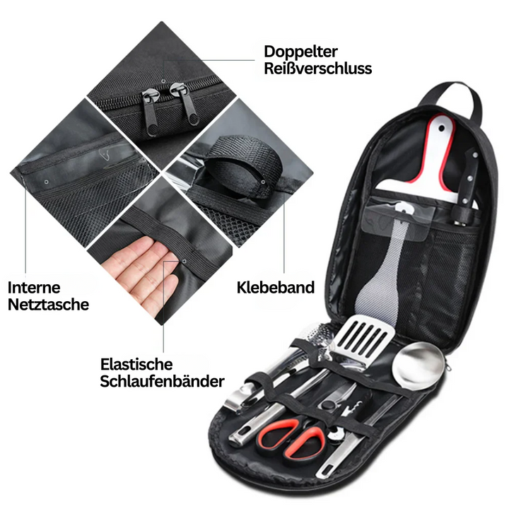 Kochen Outdoor leicht gemacht: 9-teiliges tragbares Edelstahl Kochset. Ideal für Camping & Wandern.