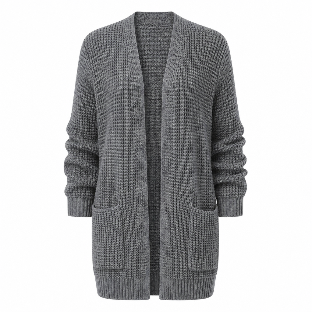 Elegant gestrickter Damen Cardigan in neutraler Farbe, ideal für Büro oder Freizeit.
