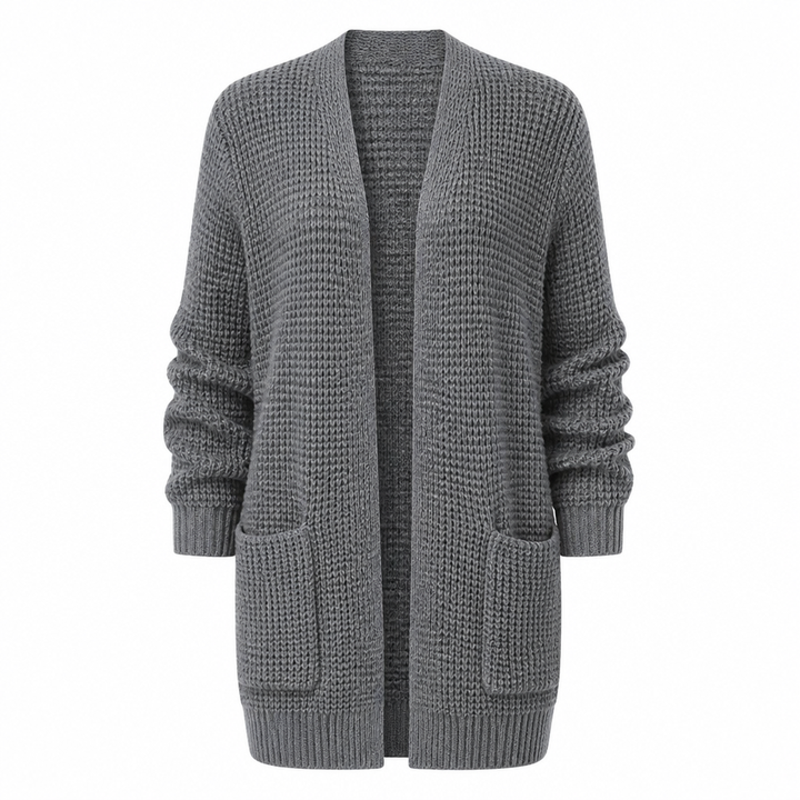 Elegant gestrickter Damen Cardigan in neutraler Farbe, ideal für Büro oder Freizeit.