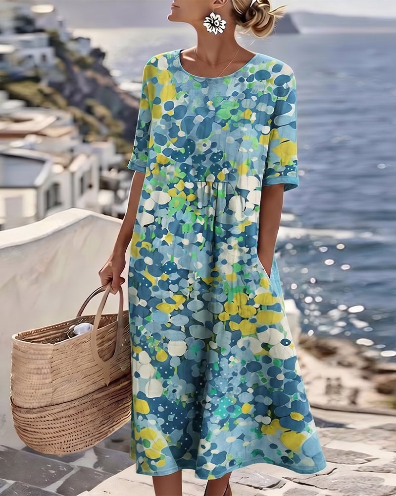 Damen Sommer Midikleid mit elegantem Blumenmuster, perfekt für Freizeit & warme Tage.