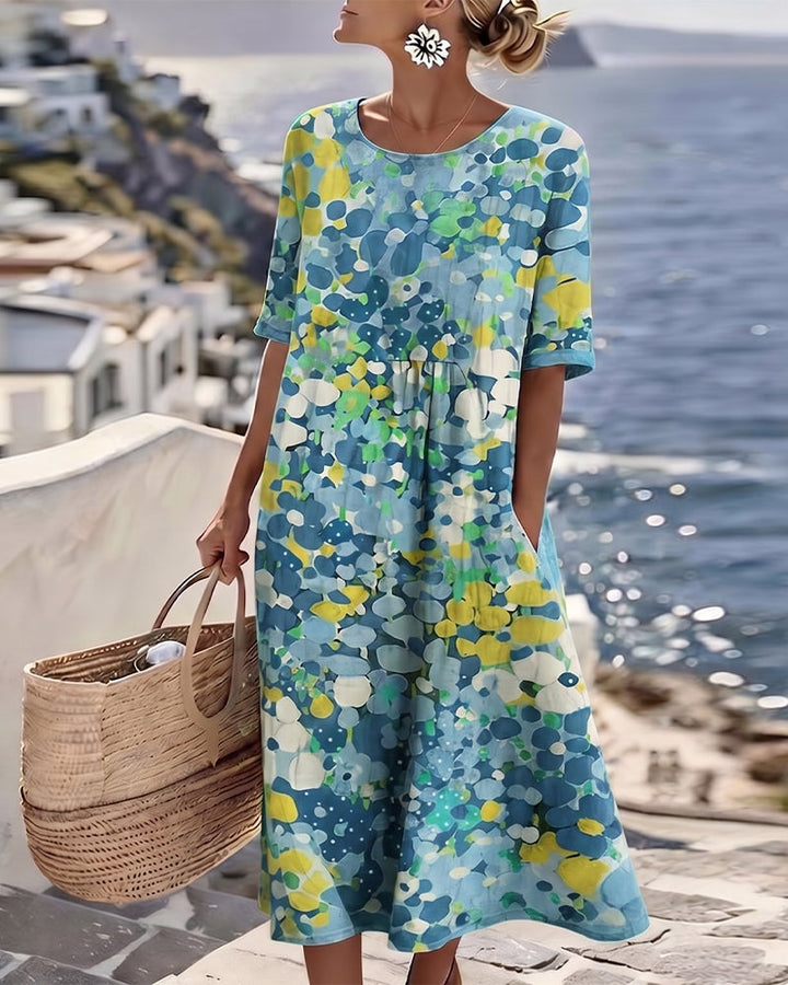 Damen Sommer Midikleid mit elegantem Blumenmuster, perfekt für Freizeit & warme Tage.