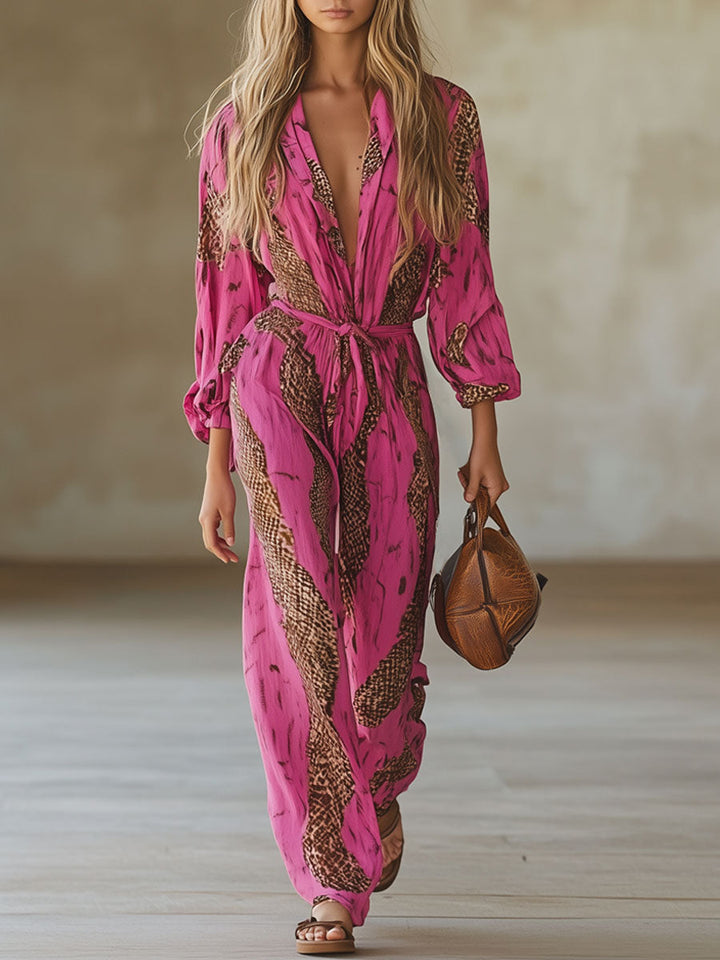 Damen Jumpsuit mit stilvollem Leopardenmuster, Langarm & lockerer Passform, elegant für Freizeit & Party.