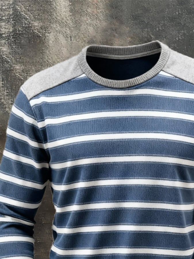 Stilvolles Herren Gestreiftes T-Shirt, Mix aus Blau, Weiß & Grau, reguläre Passform. Perfekt für Herrenmode.